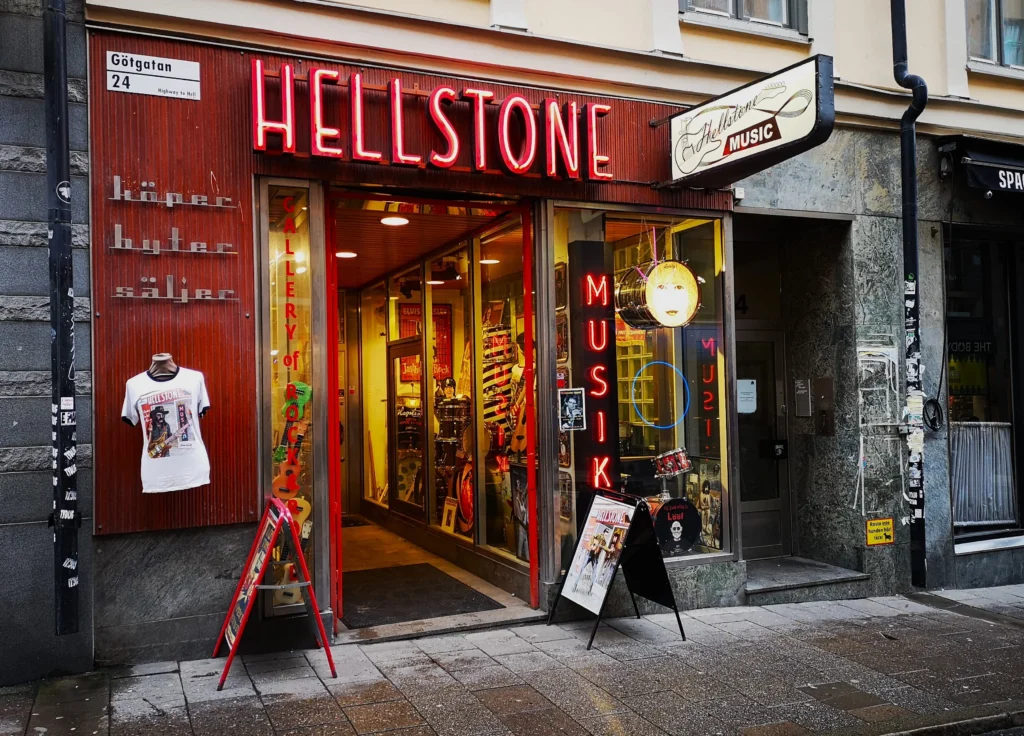 This image displays Hellstone Music store in Stockholm.

In article: Best record stores, rock bars, live music venues and music gear stores in Stockholm, Sweden.