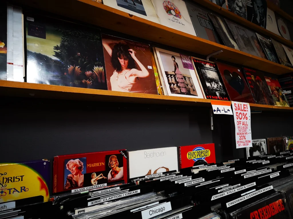 This image displays records in a record store.

In article: Best record stores, rock bars, live music venues and music gear stores in Stockholm, Sweden.