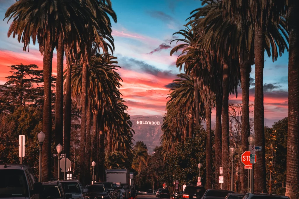 This image displays a street in Los Angeles, California.

In article: the most legendary rock'n'roll hotels in Los Angeles California. Including Chateau marmont, sunset marquis, andaz west hollywood "riot house", highland gardens hotel, hotel ziggy