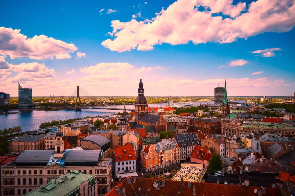 This image displays the city of Riga Latvia. In article: the best record stores, rock bars, live music venues and music gear shops in Riga.