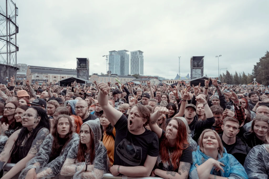 This image displays people at Tuska festival.