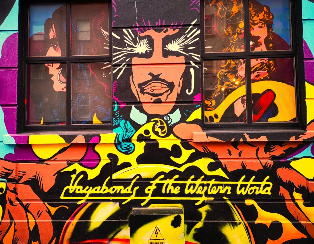 This image displays vagabonds album by thin lizzy cover mural in dublin, ireland.